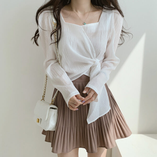 Korean square collar shirt bubble long sleeve straps slim temperament shirt women | 1031 - Image 5