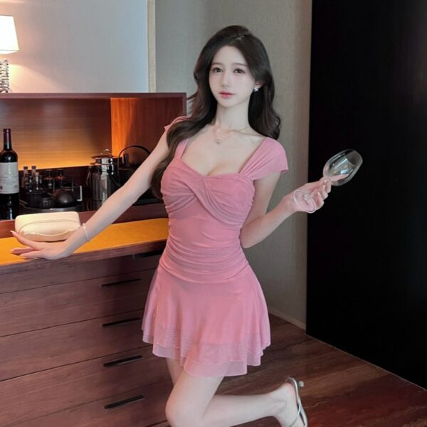 women's low-cut mesh candy-colored ruffled backless slim dress | 1039 - Image 3