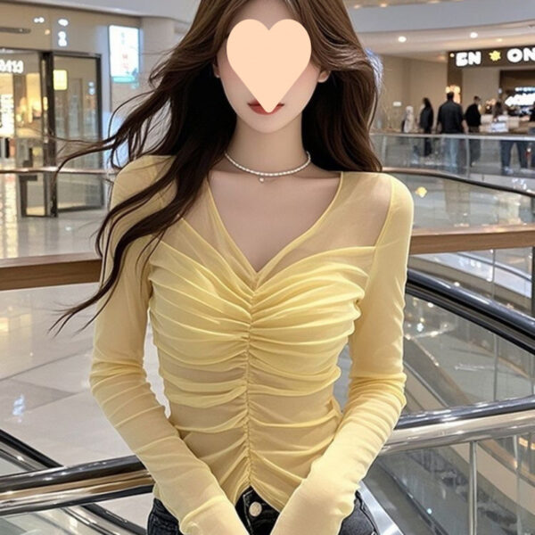 Sweet and Spicy Style Pleated V-neck Mesh Long Sleeve | 1067 - Image 4