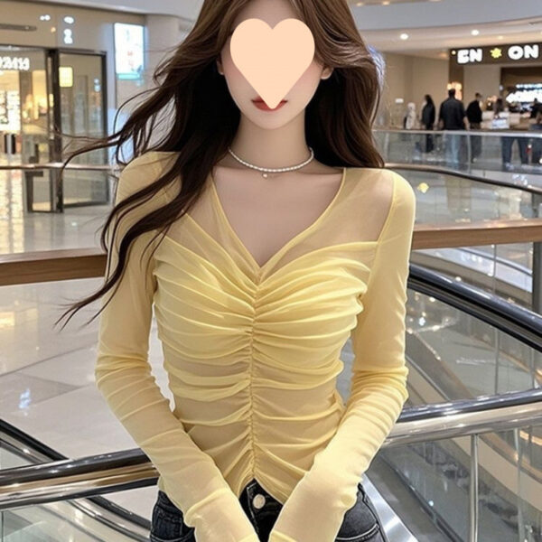 Sweet and Spicy Style Pleated V-neck Mesh Long Sleeve | 1067 - Image 2