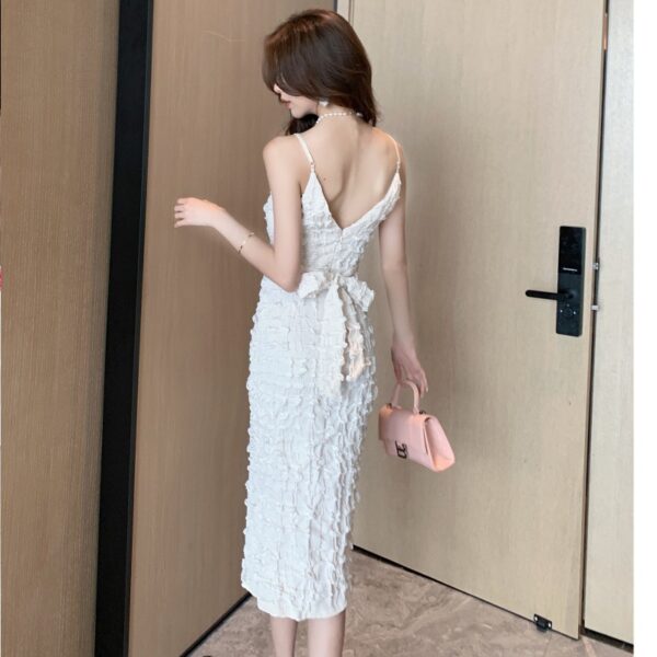 Real shot of the new textured V-neck sexy backless slit mid-length suspender dress with waist tie dress | 1007 - Image 4