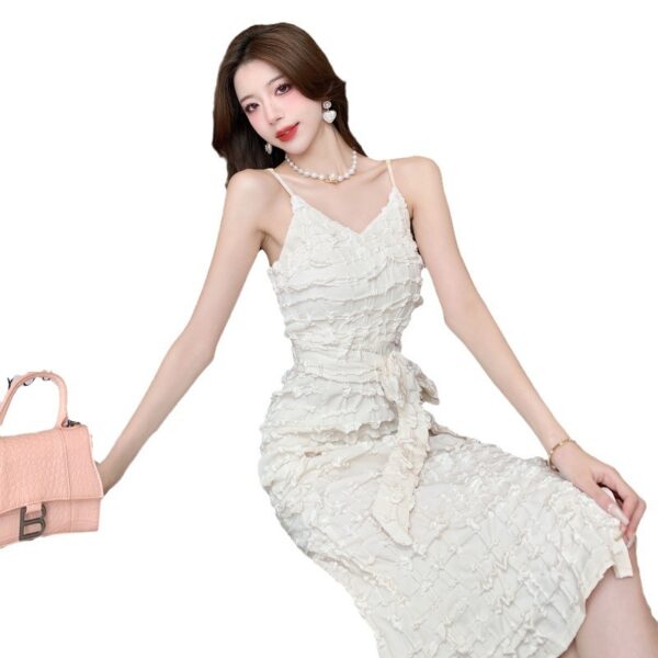 Real shot of the new textured V-neck sexy backless slit mid-length suspender dress with waist tie dress | 1007 - Image 5