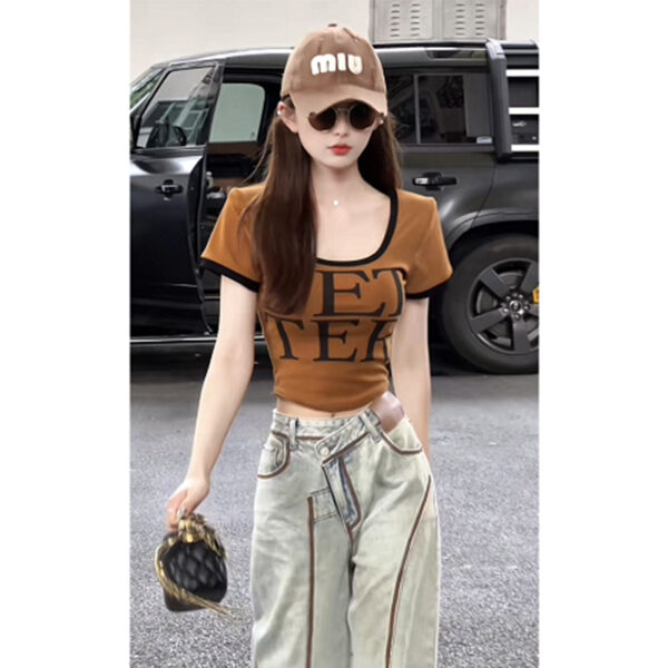 picy short-sleeved high waist design denim wide-leg pants | 1082 - Image 2