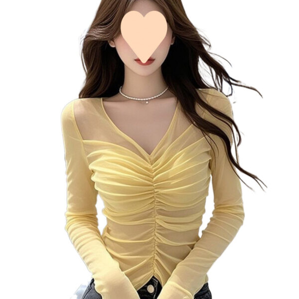 Sweet and Spicy Style Pleated V-neck Mesh Long Sleeve | 1067 - Image 5