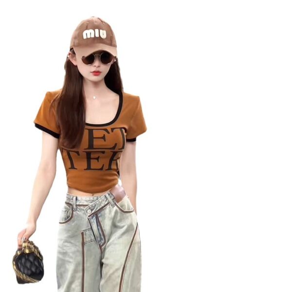 picy short-sleeved high waist design denim wide-leg pants | 1082 - Image 5
