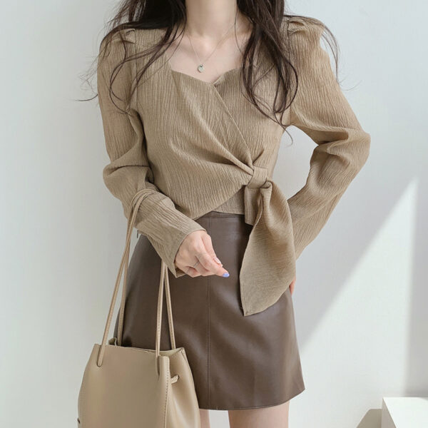 Korean square collar shirt bubble long sleeve straps slim temperament shirt women | 1031 - Image 4