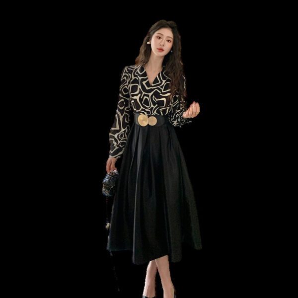 new temperament stitched satin fashion dress with belt | 8009 - Image 4