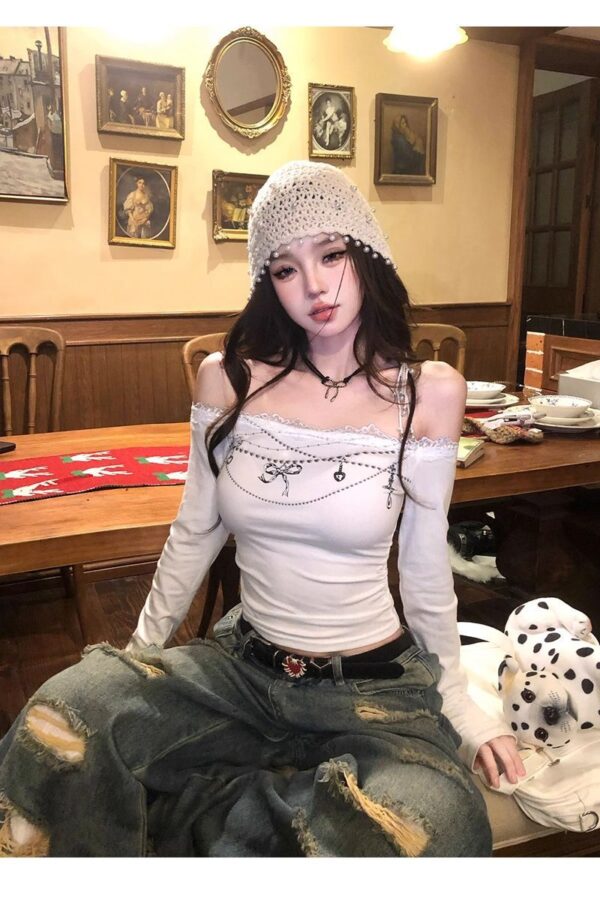 women's long sleeve slim cropped top white black | 9017 - Image 5