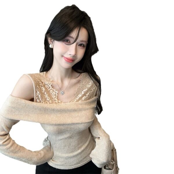 Babes Sexy Off-the-shoulder Lace Splicing Fake Two Trim Tops Woman | 9012 - Image 5