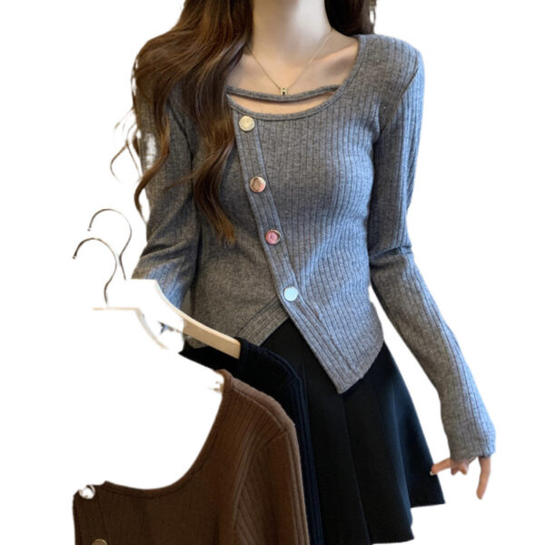 long sleeve buttons, female fat sister, slim and thin, short inner top | 9023 - Image 5