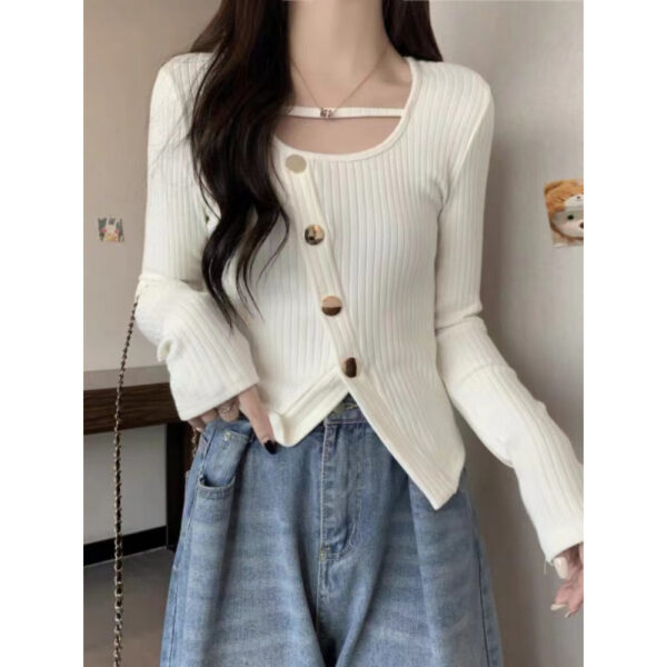 long sleeve buttons, female fat sister, slim and thin, short inner top | 9023 - Image 2