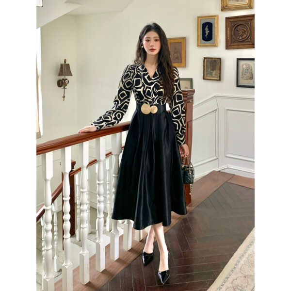 new temperament stitched satin fashion dress with belt | 8009 - Image 3