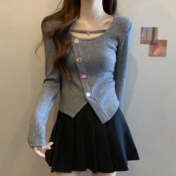 long sleeve buttons, female fat sister, slim and thin, short inner top | 9023