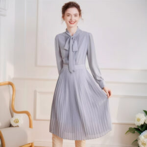 Diamond Imitation Chain Simple Pressed Pleated Long Skirt Long Sleeve Dress | 8010