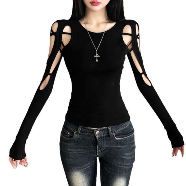 new women's temperament commuter mesh structure hollow solid color trim top | 9010 - Image 5