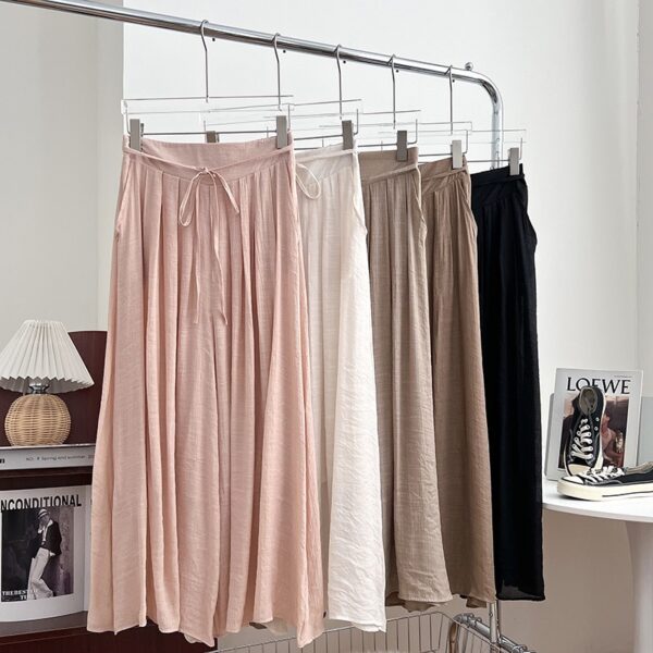 solid color tie-up high waist, thin pleated pants, draped wide leg pants, slacks, sweet | 7009 - Image 3