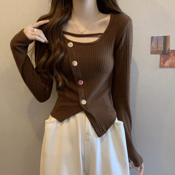 long sleeve buttons, female fat sister, slim and thin, short inner top | 9023 - Image 3