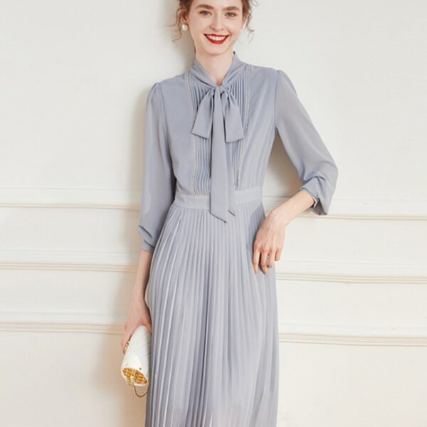 Diamond Imitation Chain Simple Pressed Pleated Long Skirt Long Sleeve Dress | 8010 - Image 5