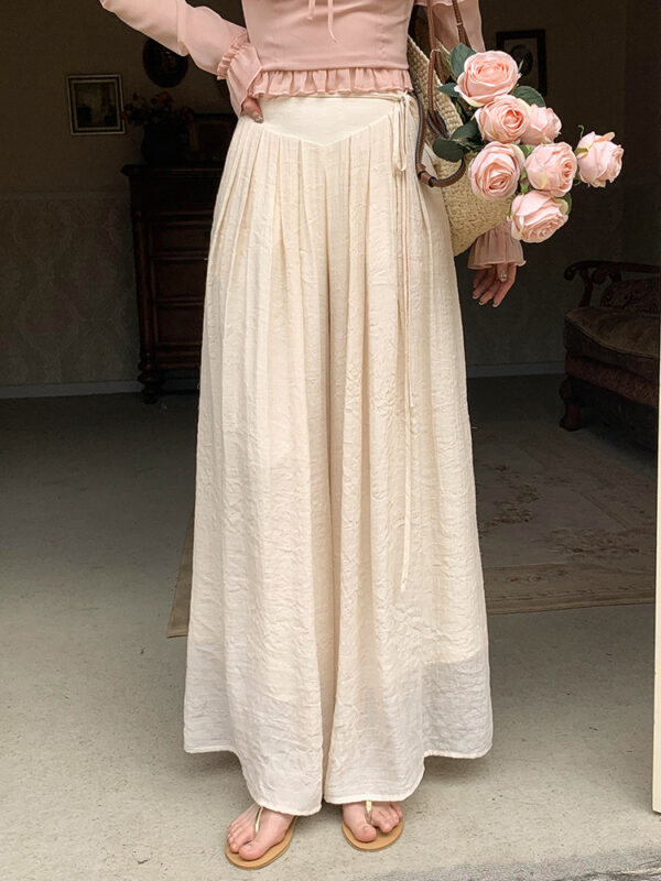solid color tie-up high waist, thin pleated pants, draped wide leg pants, slacks, sweet | 7009