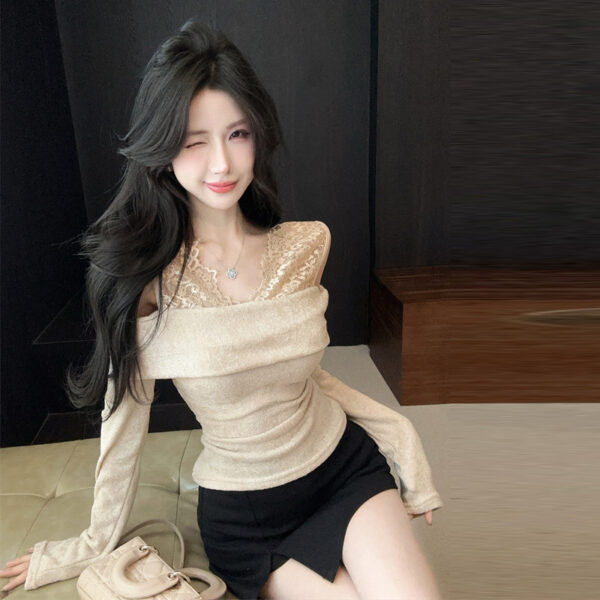 Babes Sexy Off-the-shoulder Lace Splicing Fake Two Trim Tops Woman | 9012 - Image 3