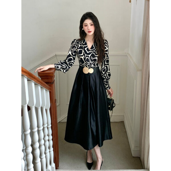 new temperament stitched satin fashion dress with belt | 8009 - Image 2