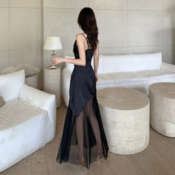 mesh panels pleated irregular slim maxi skirt | 8022 - Image 4