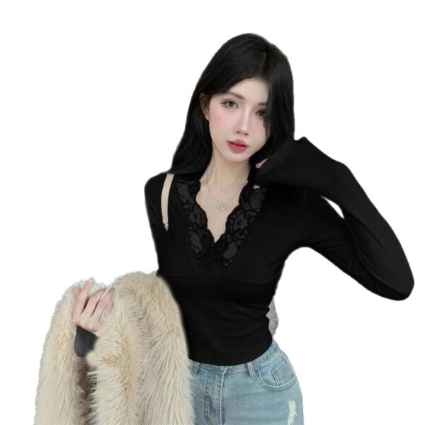 Deep V-neck lace stitching white knitted base shirt women's | 9018 - Image 5