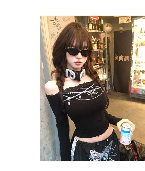 women's long sleeve slim cropped top white black | 9017 - Image 4