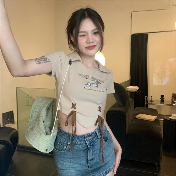 versatile letter print puppy pullover drawstring cropped crop top shirt tide | 9007 - Image 4