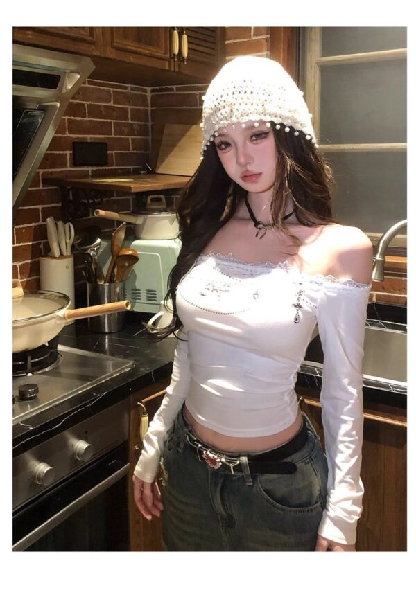 women's long sleeve slim cropped top white black | 9017 - Image 3