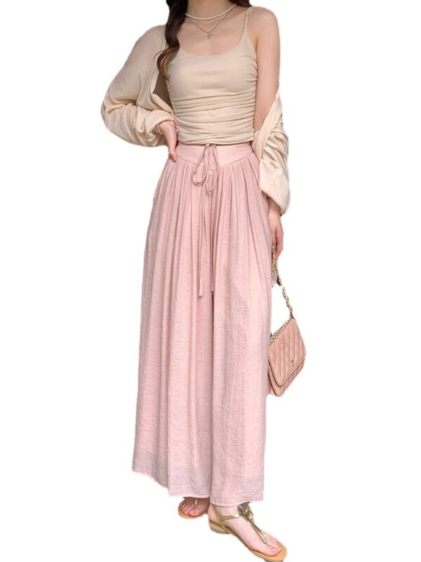 solid color tie-up high waist, thin pleated pants, draped wide leg pants, slacks, sweet | 7009 - Image 5