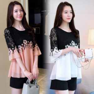 lace splicing chiffon shirt fat mm trumpet sleeve top | 1175
