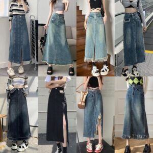 American all-match washed retro blue vintage hot girl raw edge distressed denim skirt  | 1156