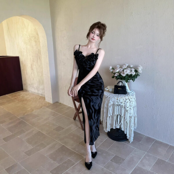 French temperament socialite sexy flower stitching long slit velvet suspenders dress | 1154 - Image 2