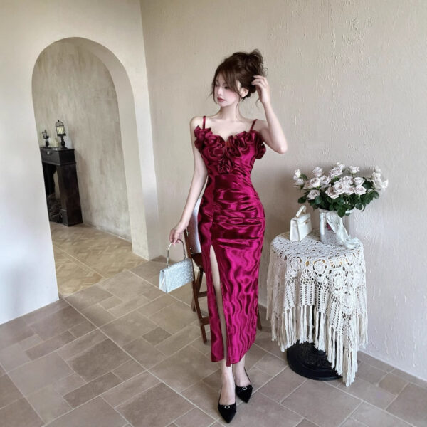 French temperament socialite sexy flower stitching long slit velvet suspenders dress | 1154 - Image 3