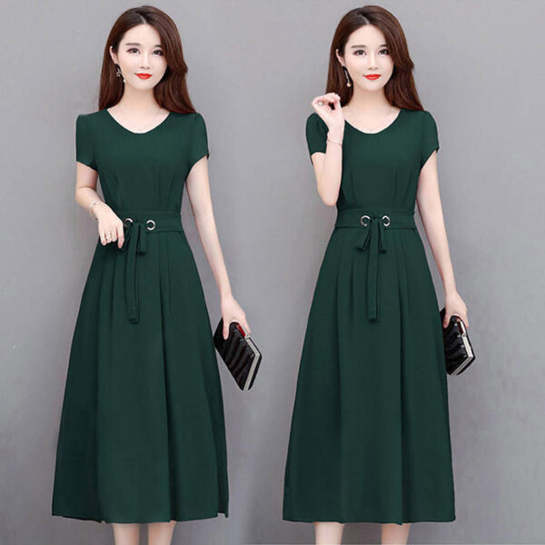 short sleeve mid-length over knee mid-length skirt with belt slim fit A-line skirt | 1178 - Image 3