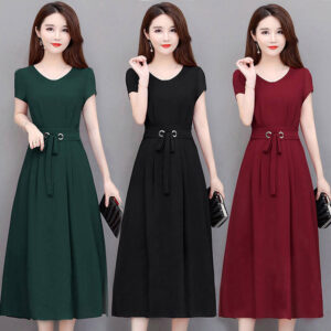 short sleeve mid-length over knee mid-length skirt with belt slim fit A-line skirt | 1178