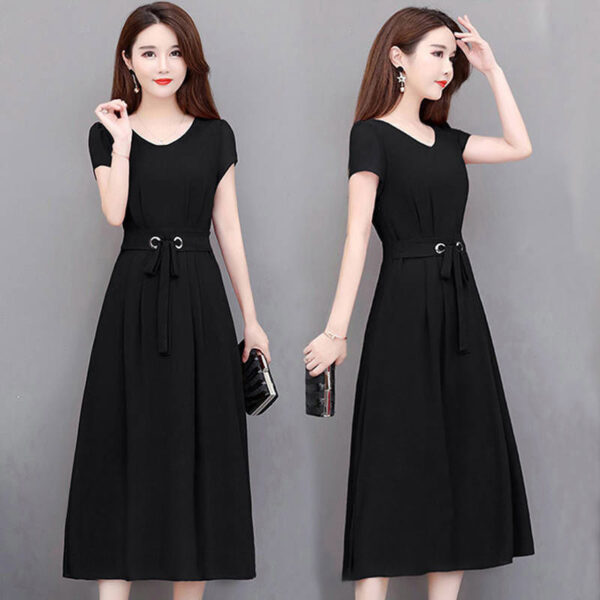 short sleeve mid-length over knee mid-length skirt with belt slim fit A-line skirt | 1178 - Image 2