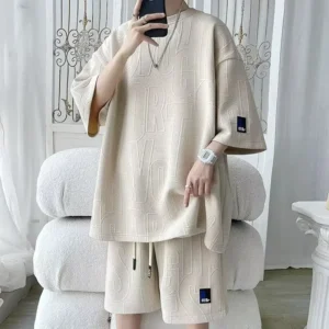 casual suit men's summer thin loose large size letter jacquard short-sleeved T-shirt shorts | 1182