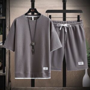 Waffle T-shirt men's short-sleeved co-ord set | 1153