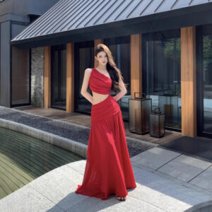 French style niche high-end cool off-shoulder waist dress for women | 1183