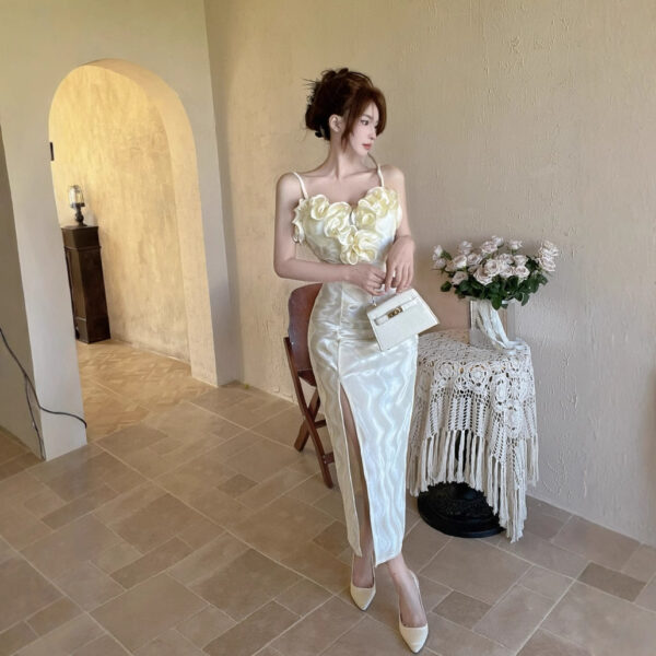 French temperament socialite sexy flower stitching long slit velvet suspenders dress | 1154 - Image 5
