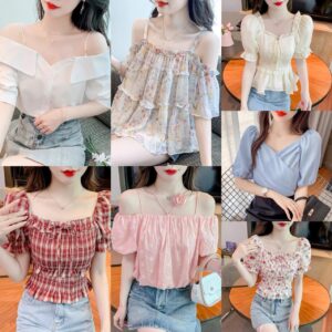 French women's puff sleeve chiffon shirt Chiffon shirt short | 1187