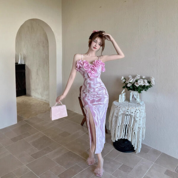 French temperament socialite sexy flower stitching long slit velvet suspenders dress | 1154 - Image 4