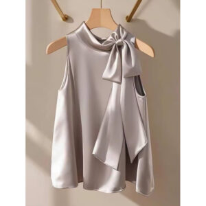 French Style Lightly Mature Niche Purple Satin Bow Shirt | 1190