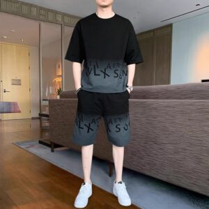 casual suit men's summer thin loose large size letter jacquard short-sleeved T-shirt shorts | 1194