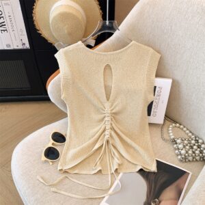 Sweet and spicy drawstring hollow small flying sleeve knitted  | 1214